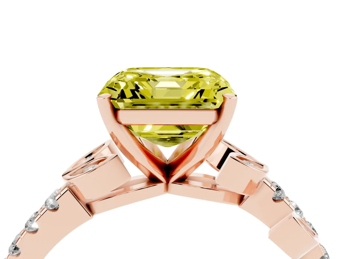 Fancy Yellow Asscher Cut Solitaire Leaf-Inspired Diamond Ring with Pavé Band and Four-Prong Setting Rose gold