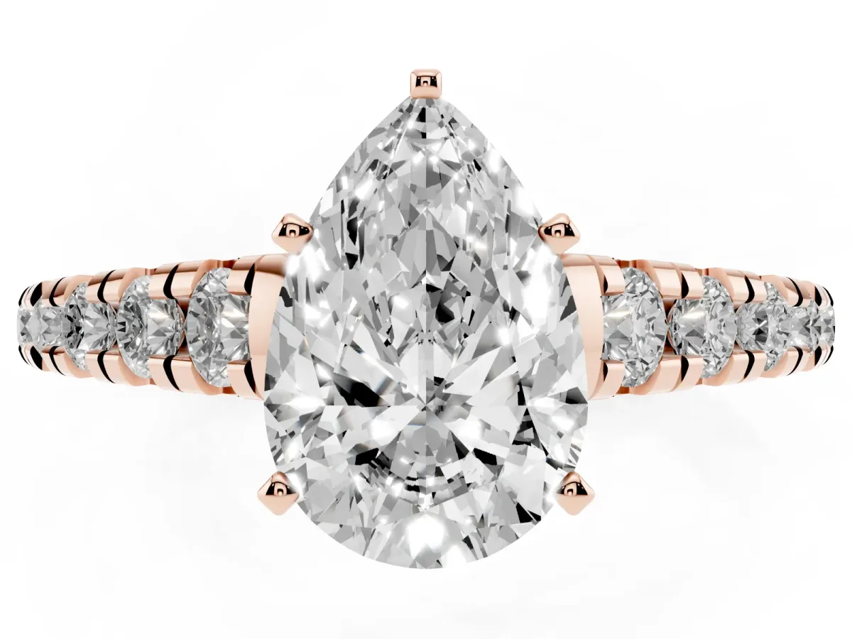Pear Cut Diamond Cathedral Solitaire Ring with Round Pavé Band Rose gold