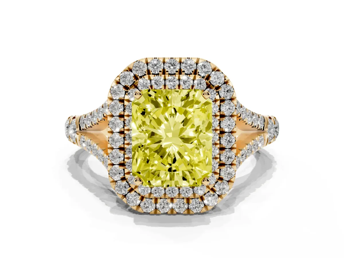 Fancy Yellow Radiant Cut Cut Double Halo Split Shank Diamond Ring with Prong Setting Yellow gold