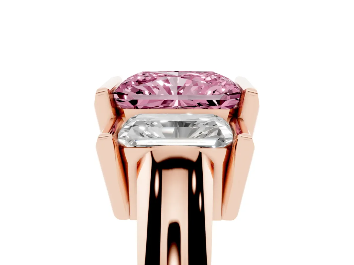 Fancy Pink Three Stone Radiant Cut Cut Channel Set Diamond Ring Rose gold