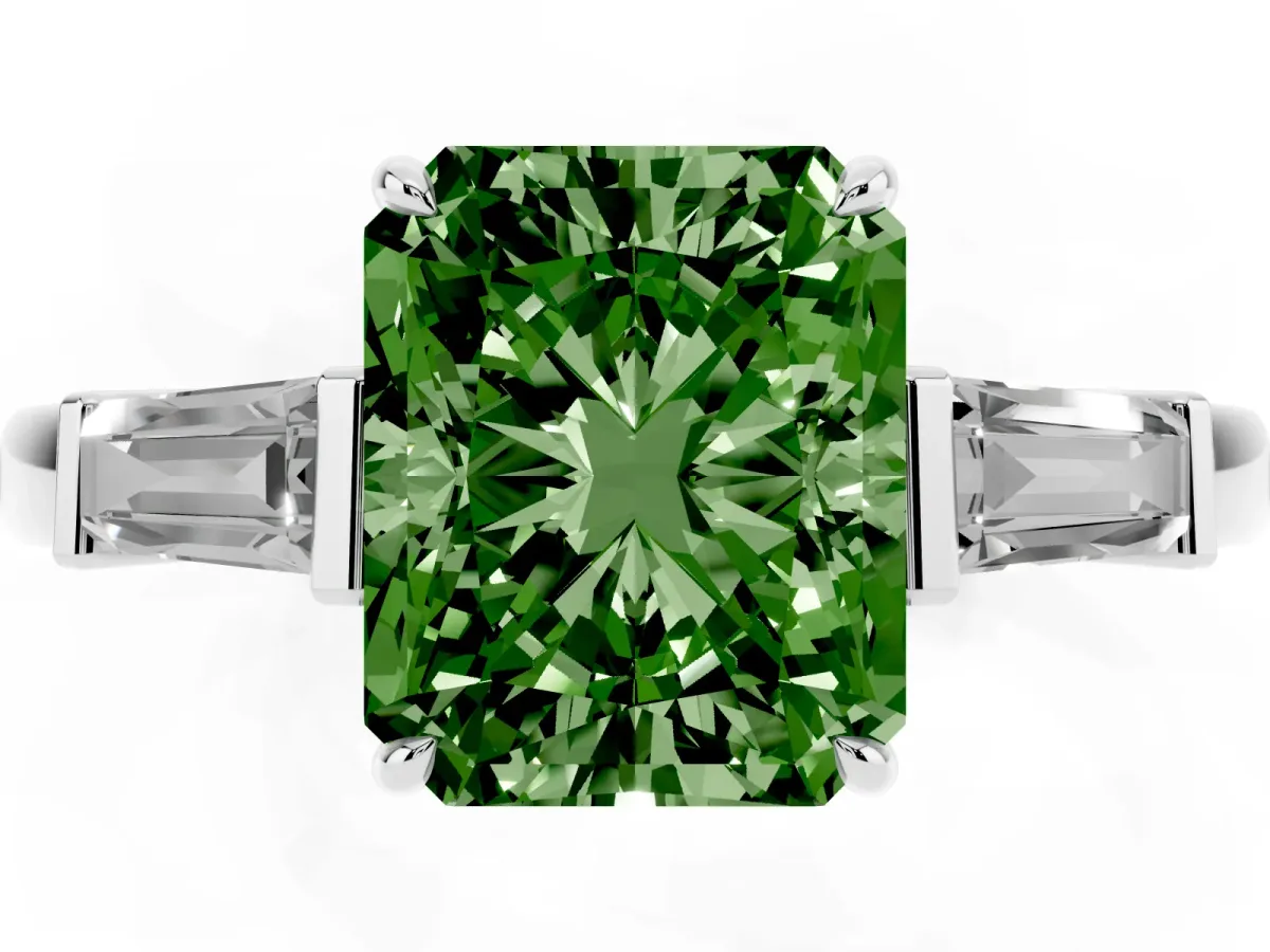Fancy Green Radiant Cut Diamond Three-Stone Ring with Tapered Baguette Side Stones and Prong Setting Silver