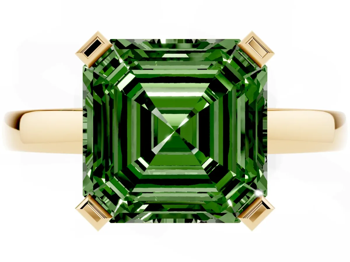 Fancy Green Asscher Cut Cut Solitaire Ring with Four-Prong Setting and Classic Band Yellow gold