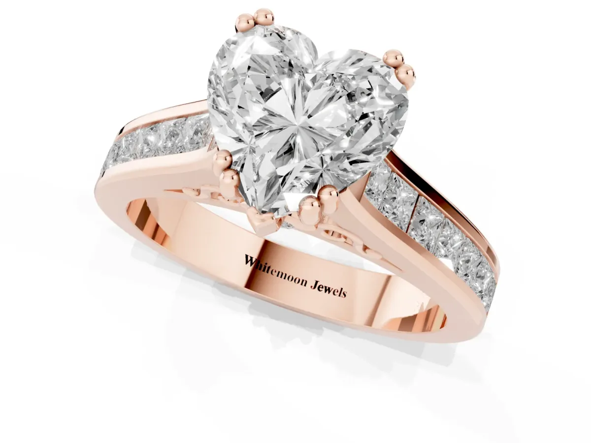 Heart Cut Cut Channel Set Solitaire Engagement Ring with Prong Setting Rose gold