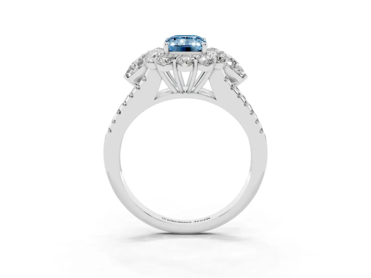 Fancy Blue Emerald Cut Halo Split Shank Diamond Engagement Ring with Prong Setting Silver