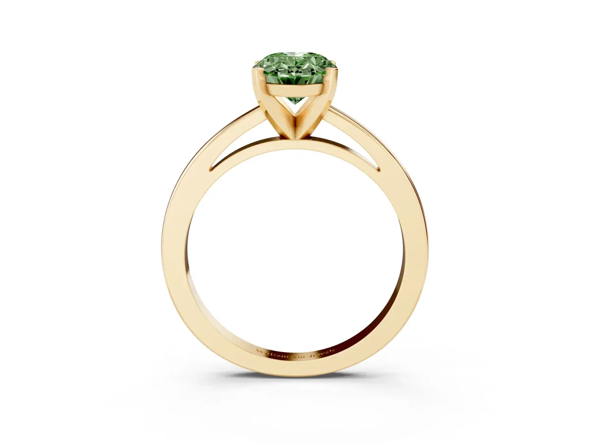 Fancy Green Oval Cut Solitaire Diamond Engagement Ring with Four-Prong Setting on a Classic Band Yellow gold