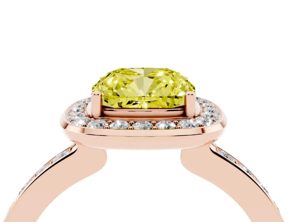 Fancy Yellow Cushion Cut Diamond Halo Ring with Bezel Frame and Pavé Band Rose gold