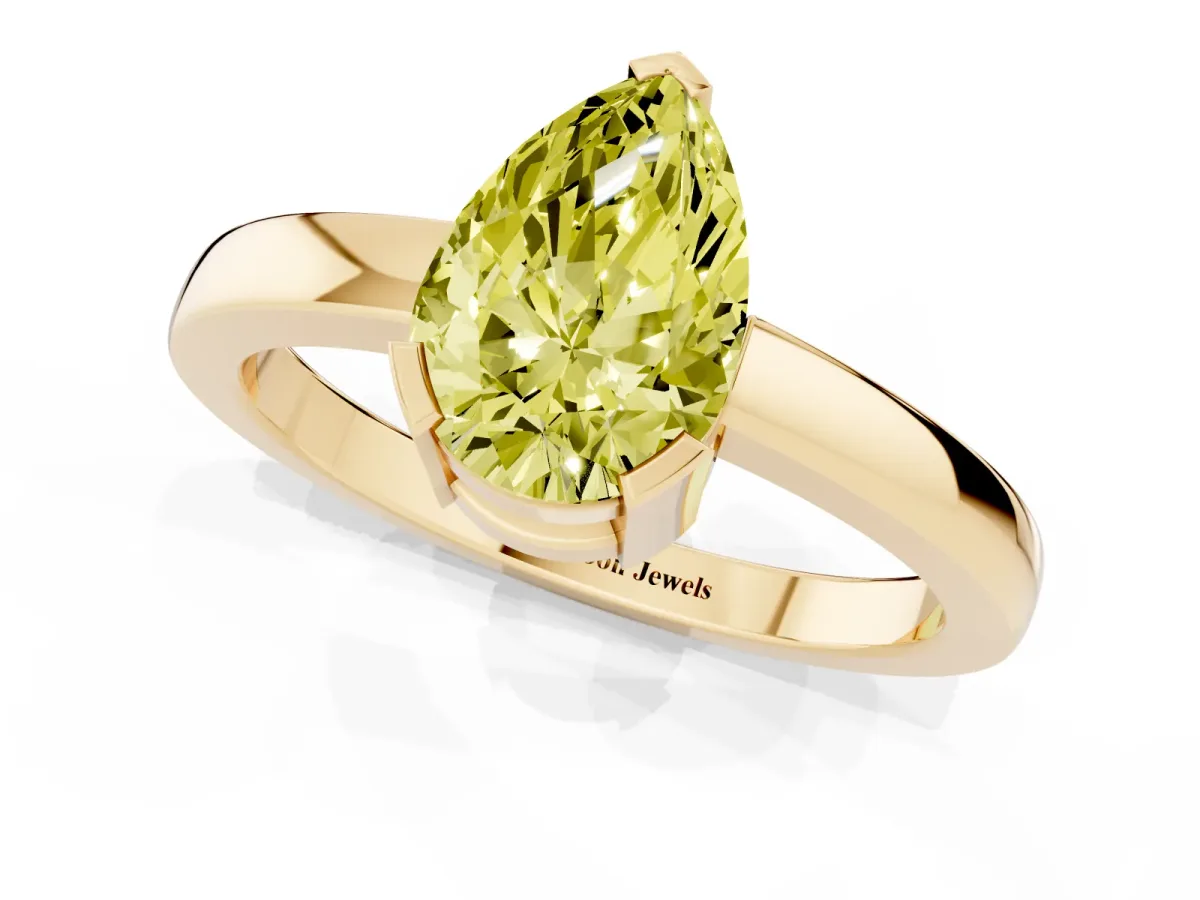 Fancy Yellow Pear Cut Cut Solitaire Ring with Four-Prong Setting and Classic Band Yellow gold