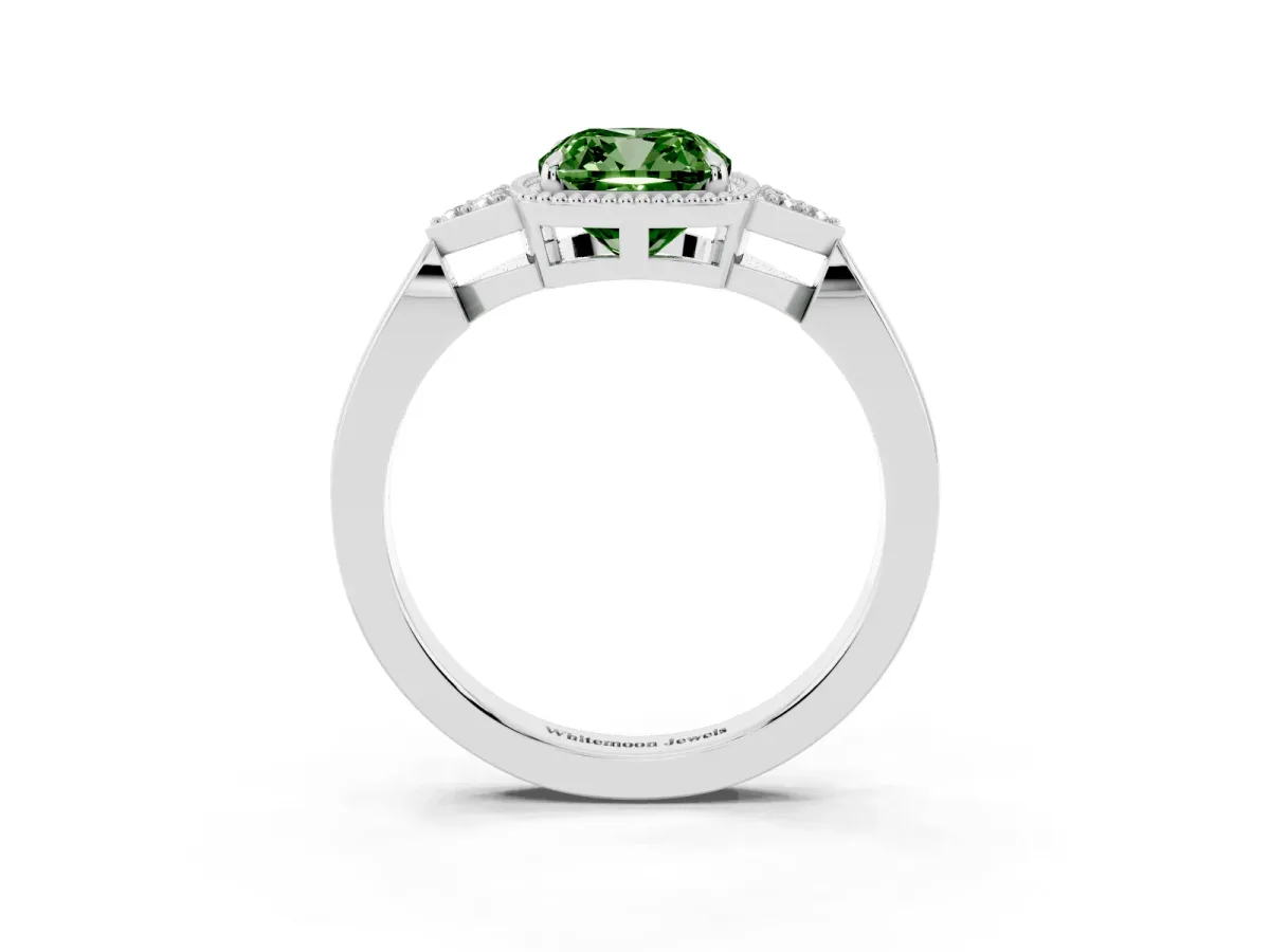Fancy Green Cushion Cut Diamond Halo Ring with Tapered Band and Four-Prong Setting White gold