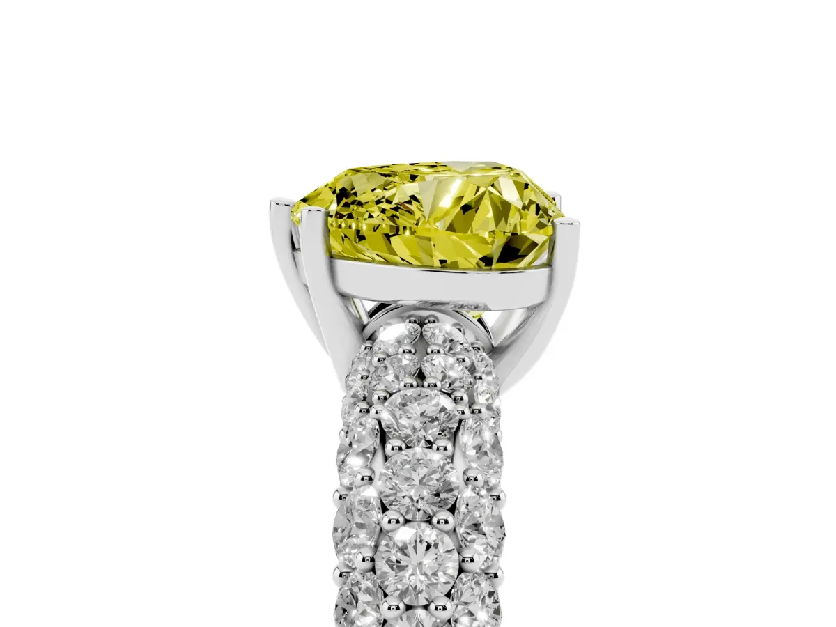 Fancy Yellow Heart Cut Diamond Pavé Band Solitaire Ring with Four-Prong Setting Silver