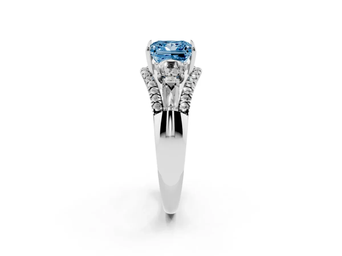 Fancy Blue Three-Stone Princess Cut Diamond Engagement Ring with Pave Band and Prong Setting White gold