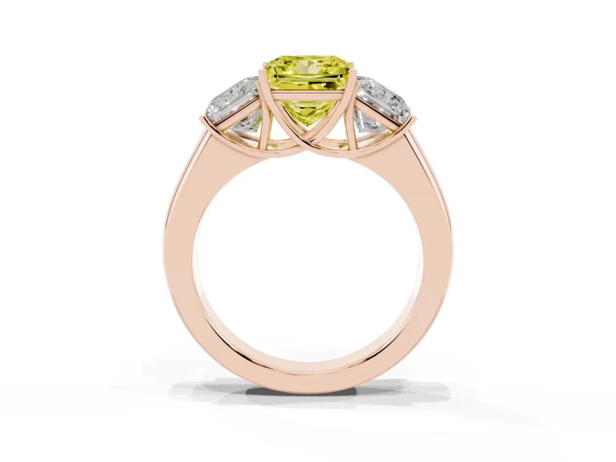 Fancy Yellow Three-Stone Princess Cut Cut Diamond Ring with Prong Setting and Classic Band Rose gold