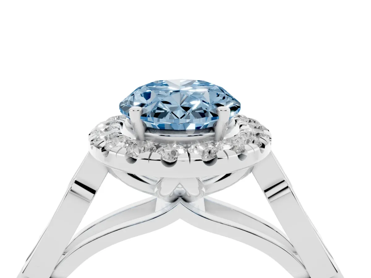 Fancy Blue Oval Cut Halo Diamond Engagement Ring with Filigree Band and Four-Prong Setting White gold