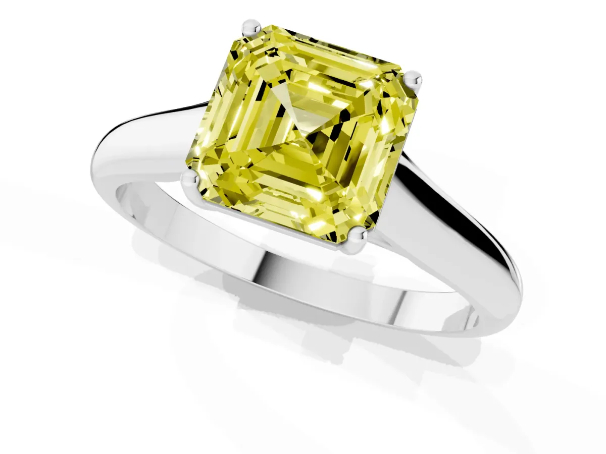 Fancy Yellow Asscher Cut Solitaire Engagement Ring with Tapered Band and Four-Prong Setting Platinum
