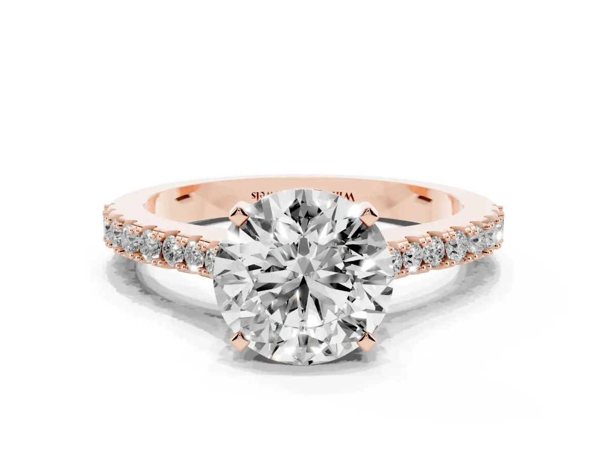 Round Cut Cut Solitaire Diamond Engagement Ring with Pave Band and Four-Prong Setting Rose gold