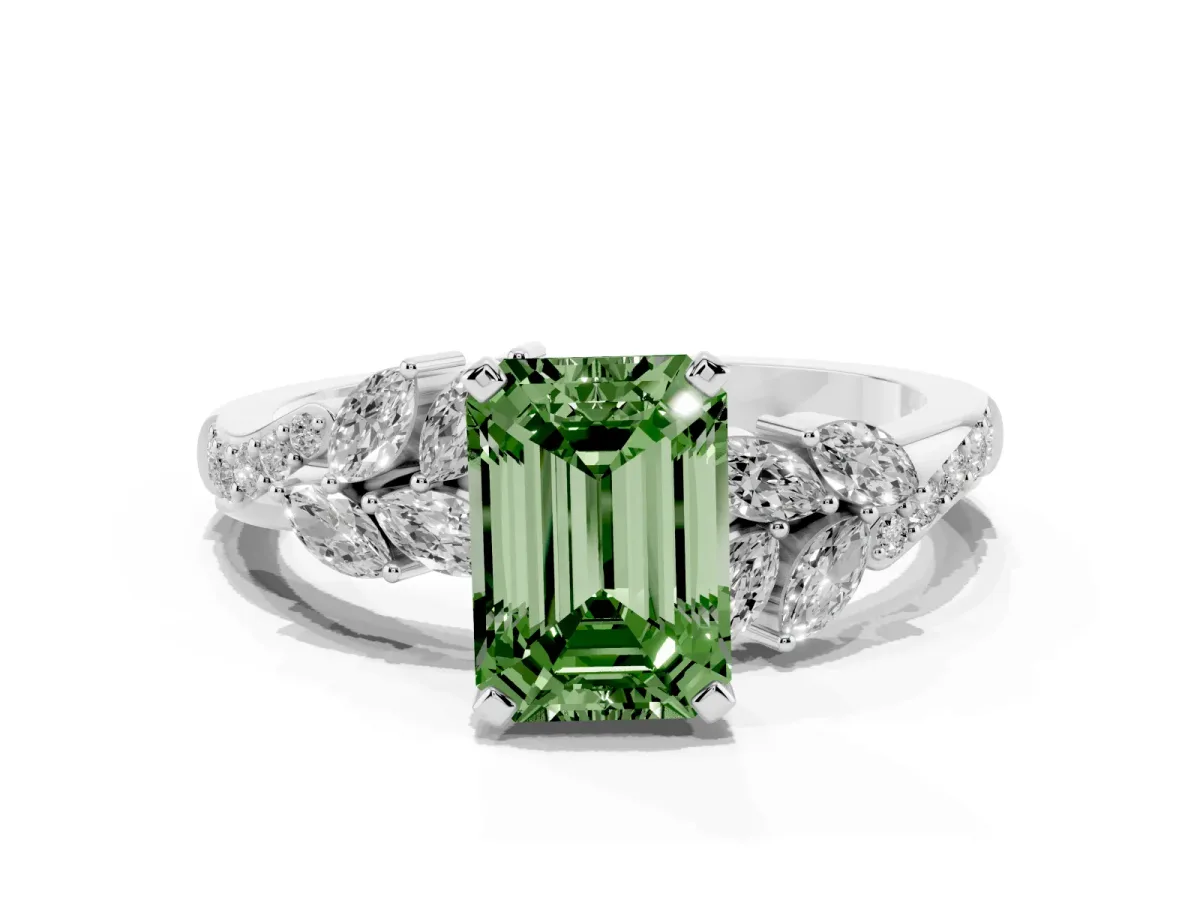 Fancy Green Emerald Cut Solitaire Marquise Twist Band with Six-Prong Setting Silver