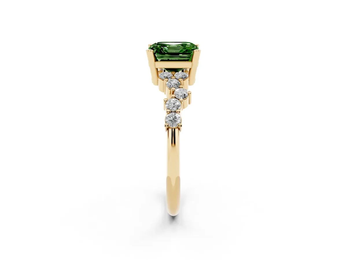 Fancy Green Asscher Cut Diamond Scattered Round Accent Ring with Prong Setting Yellow gold