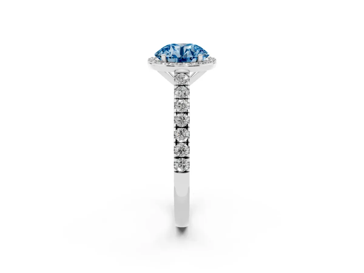 Fancy Blue Round Cut Cut Halo Diamond Engagement Ring with Pave Band and Four-Prong Setting Silver