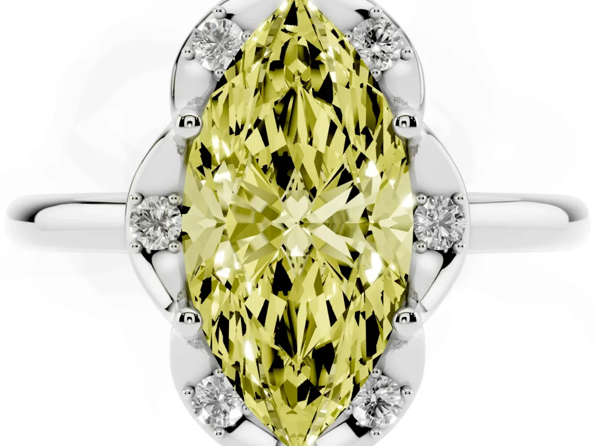 Fancy Yellow Marquise Cut Halo Diamond Ring with Round Cluster Setting, Solitaire Band, and Four-Prong Setting White gold