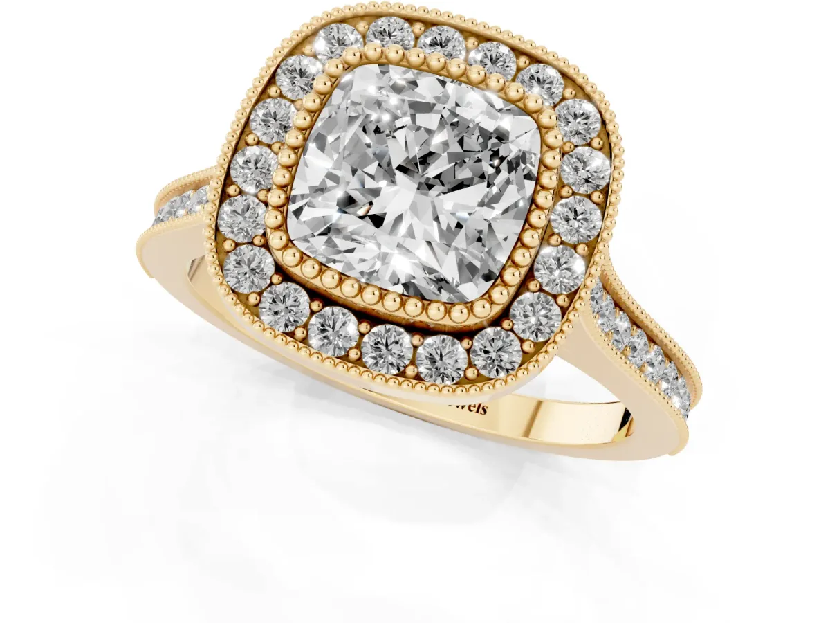 Cushion Cut Diamond Halo Ring with Milgrain Frame and Pavé Band Yellow gold