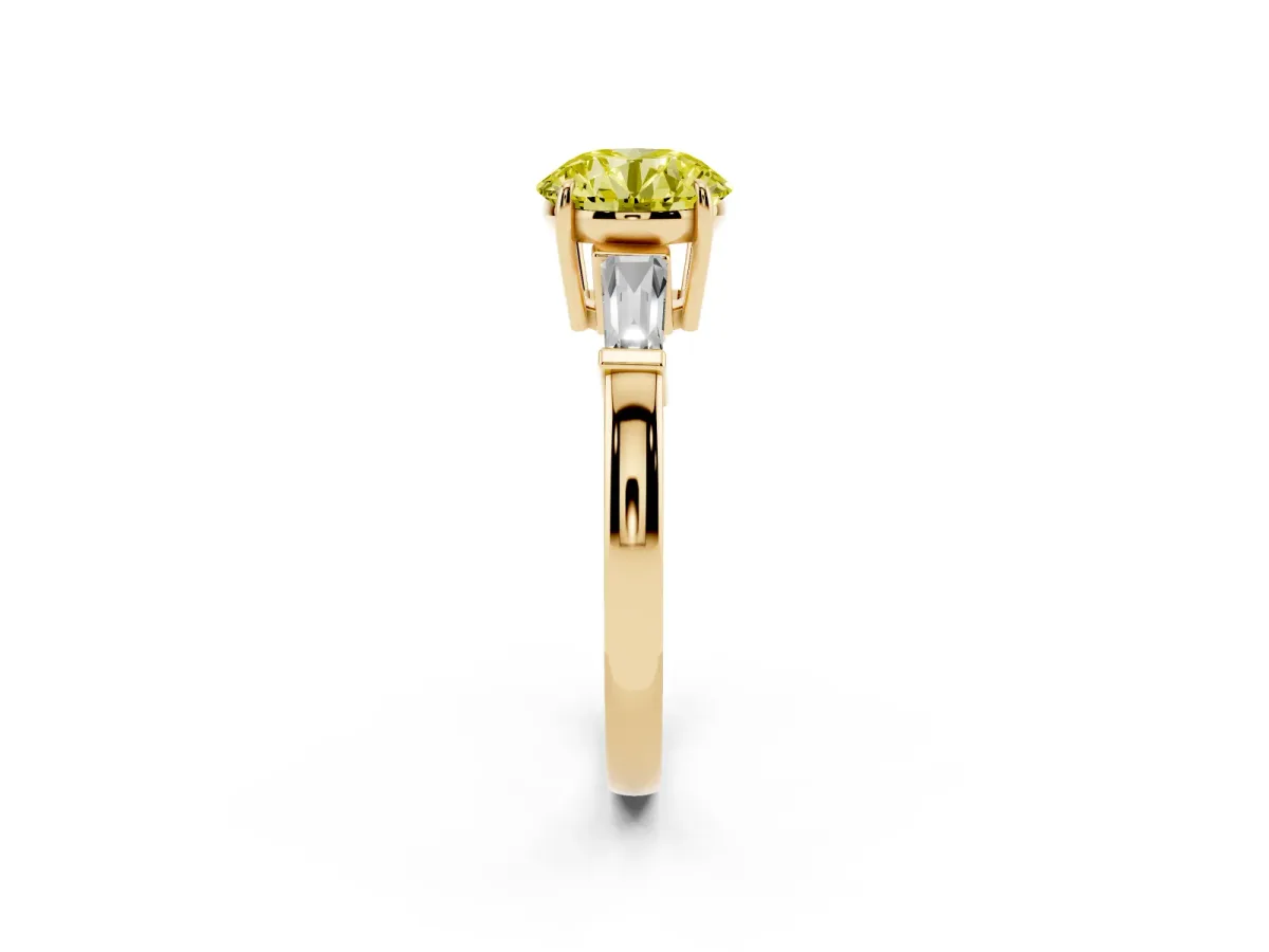 Fancy Yellow Round Cut Diamond Three-Stone Ring with Tapered Baguette Side Stones and Prong Setting Yellow gold