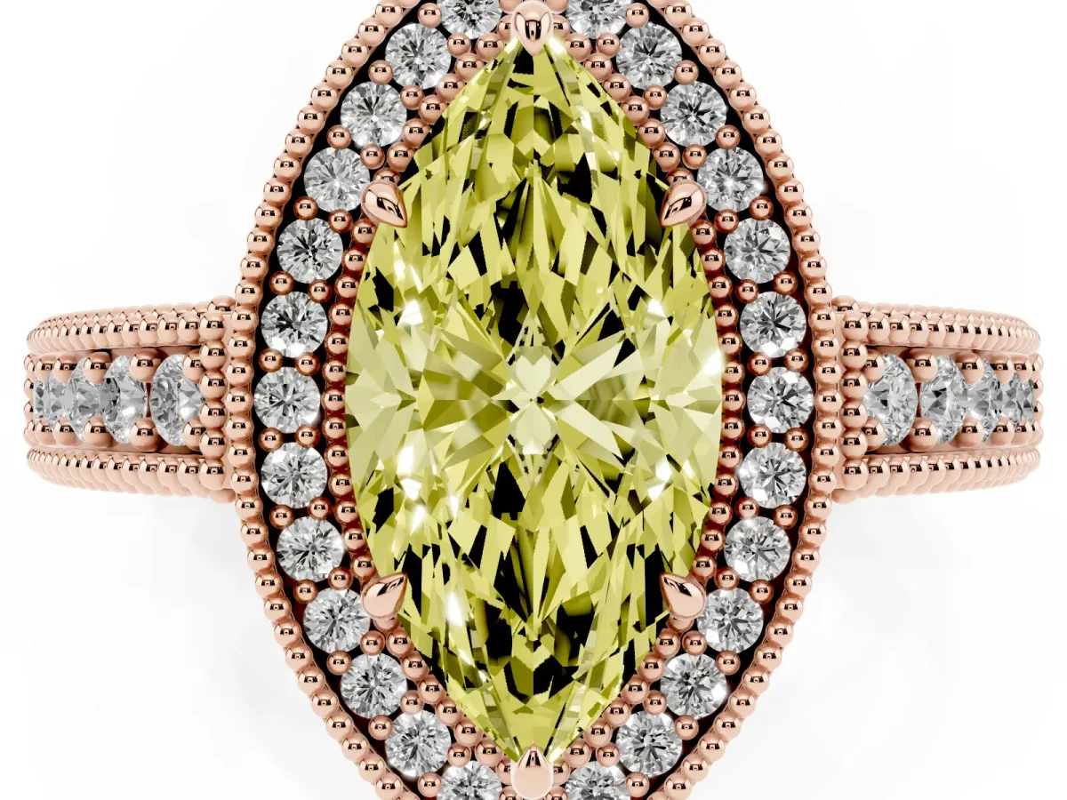 Fancy Yellow Marquise Cut Cut Halo Diamond Ring with Pavé Band and Four-Prong Setting Rose gold