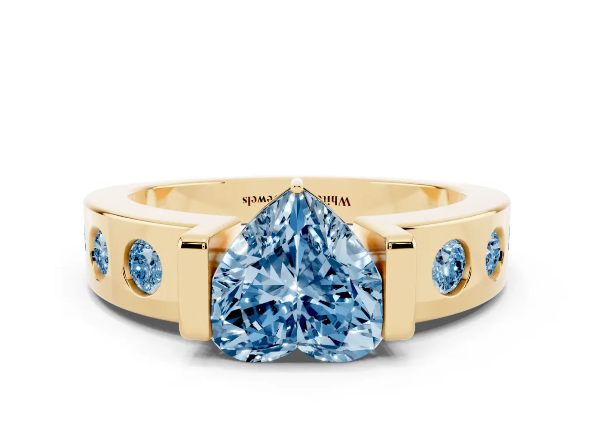Fancy Blue Heart Cut Brilliant Channel-Set Diamond Ring with Bezel Prong Setting Yellow gold