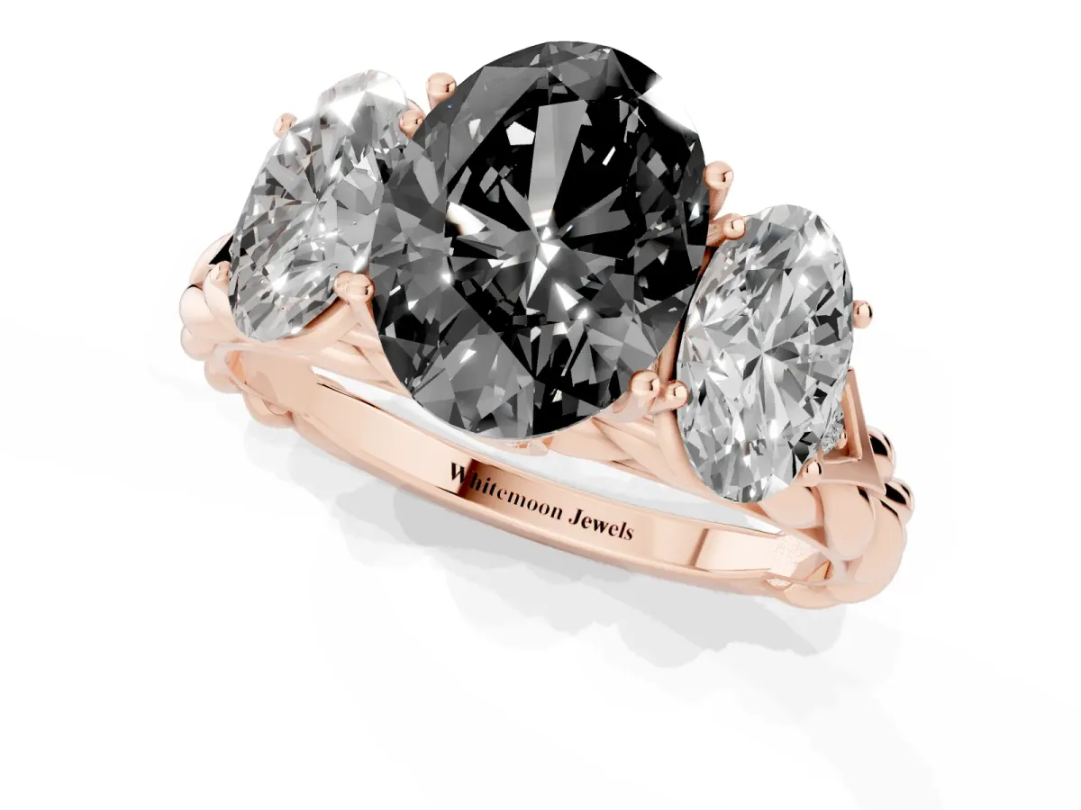 Fancy Black Three-Stone Oval Cut Diamond Braided Band Ring with Four-Prong Setting Rose gold