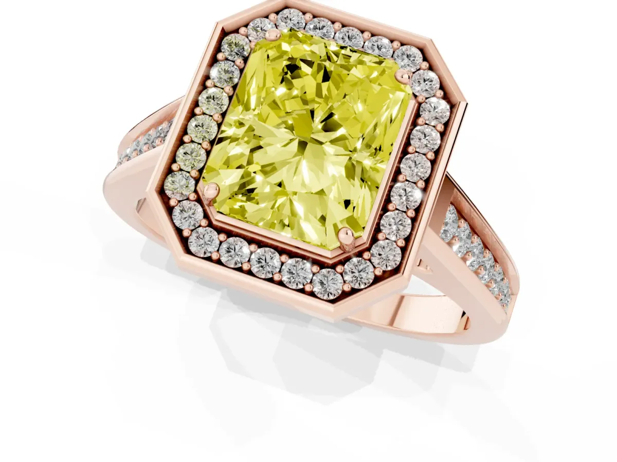 Fancy Yellow Radiant Cut Halo Solitaire Diamond Ring with Pave Band and Bezel Setting Rose gold