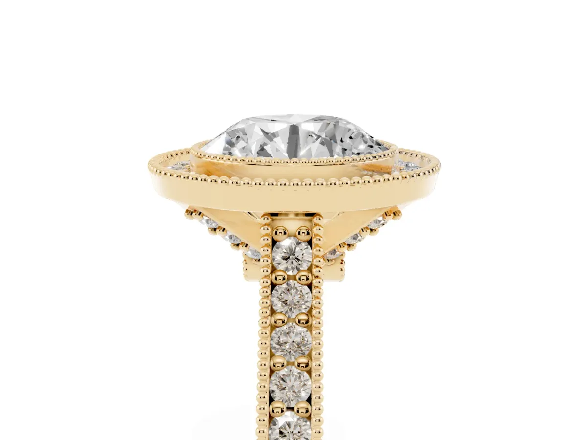 Halo Round Cut-Cut Diamond Pave Band Milgrain Prong Setting Ring Yellow gold