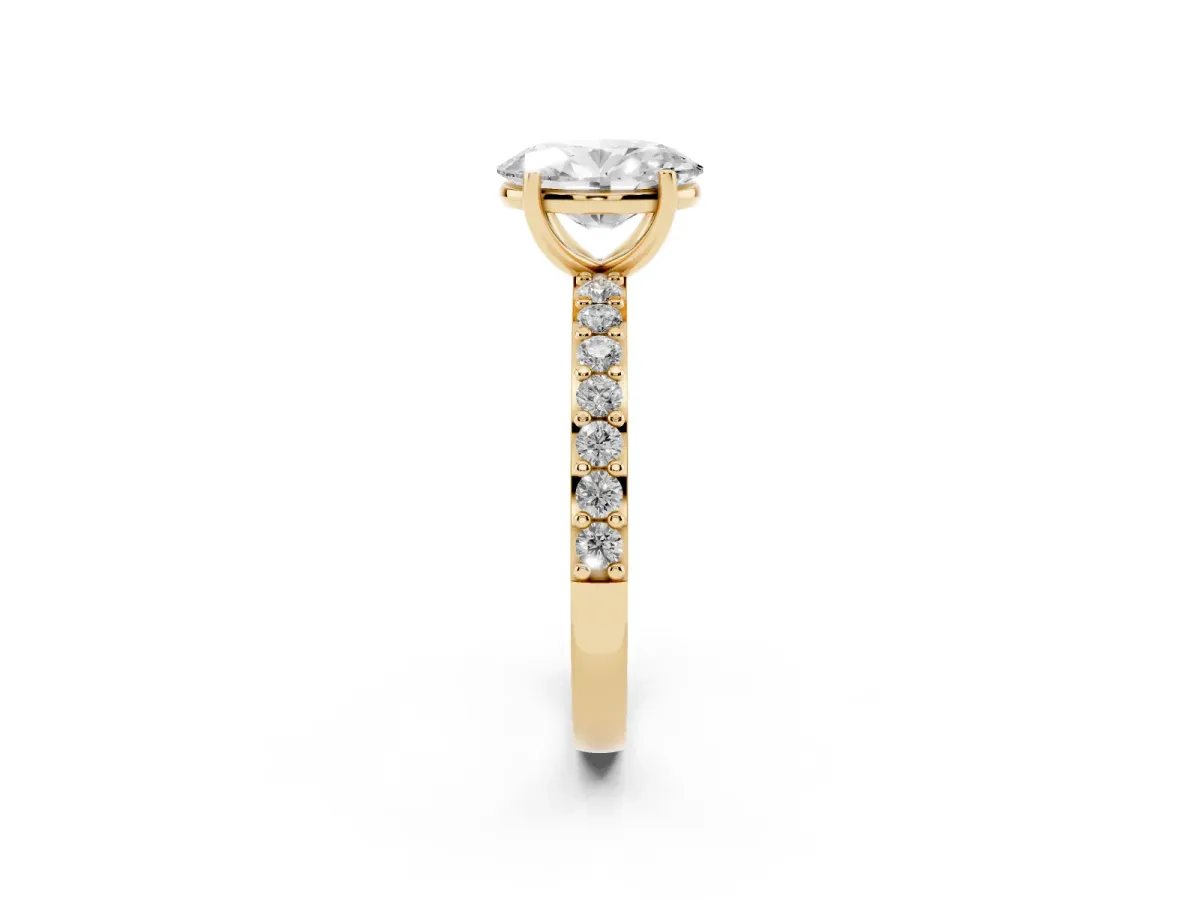 Oval Cut Cut Diamond Solitaire with Pave Band and Four-Prong Setting Yellow gold