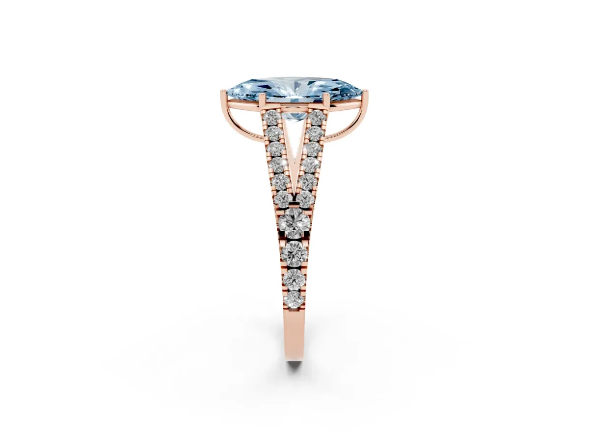 Fancy Blue Marquise Cut Diamond Split Shank Engagement Ring with Round Pavé and Prong Setting Rose gold