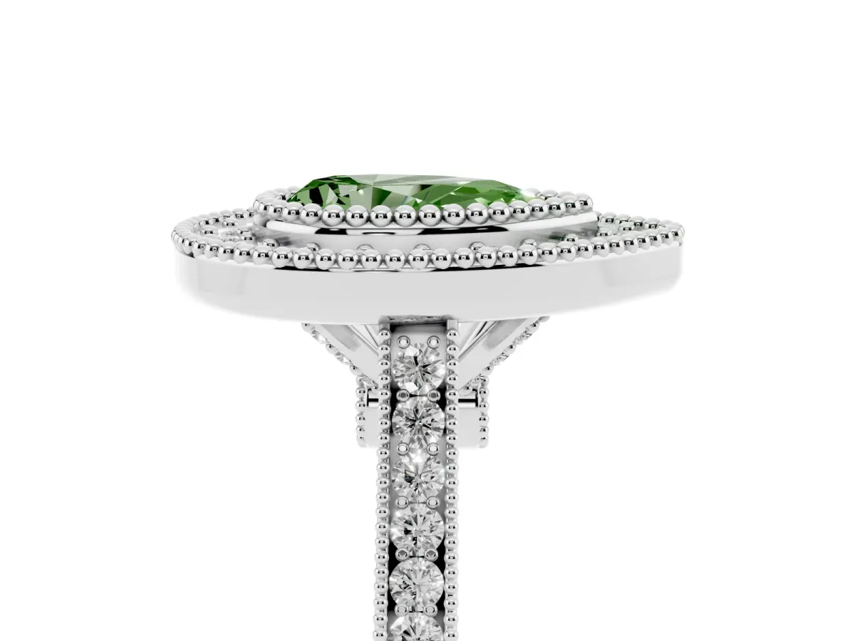 Fancy Green Pear Cut Diamond Halo Ring with Milgrain Frame and Pavé Band Silver