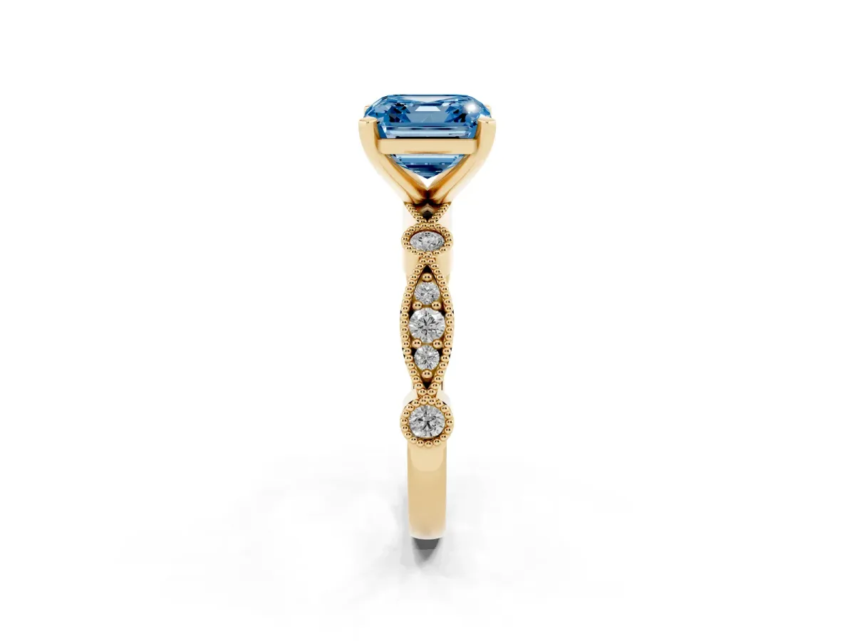Fancy Blue Asscher Cut Milgrain Bezel Diamond Engagement Ring with Solitaire Prong Setting Yellow gold