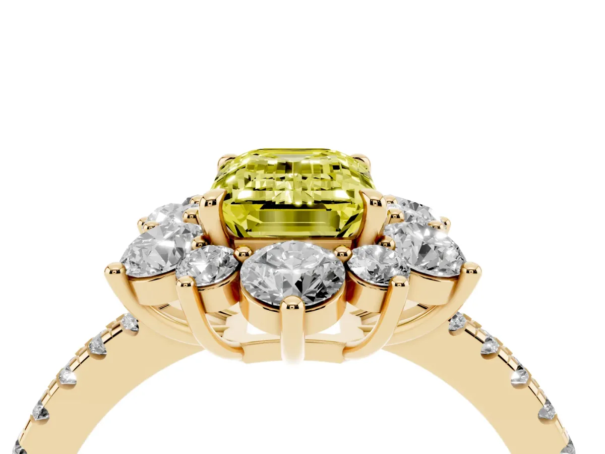 Fancy Yellow Emerald Cut Diamond Floral Halo Ring with Round Pavé Band and Prong Setting Yellow gold