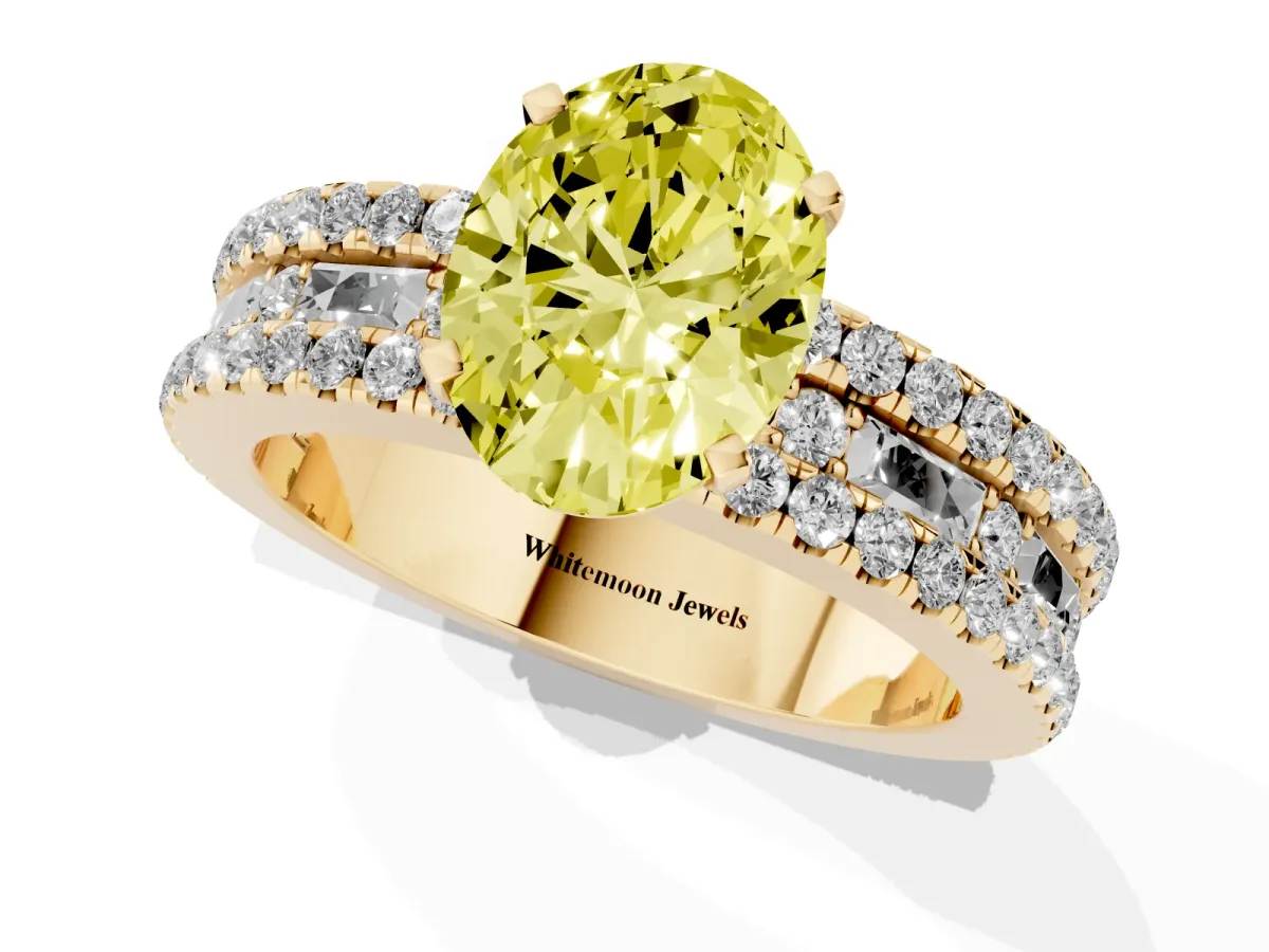 Fancy Yellow Oval Cut Diamond Solitaire Ring with Pavé and Channel Set Band Yellow gold