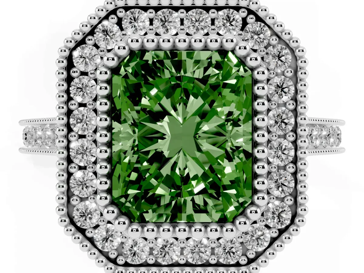 Fancy Green Radiant Cut Diamond Halo Ring with Milgrain Frame and Pavé Band White gold