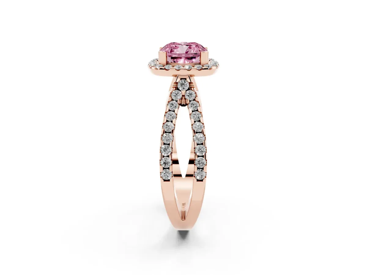 Fancy Pink Cushion Cut Diamond Halo Ring with Split Shank Pavé Band and Prong Setting Rose gold