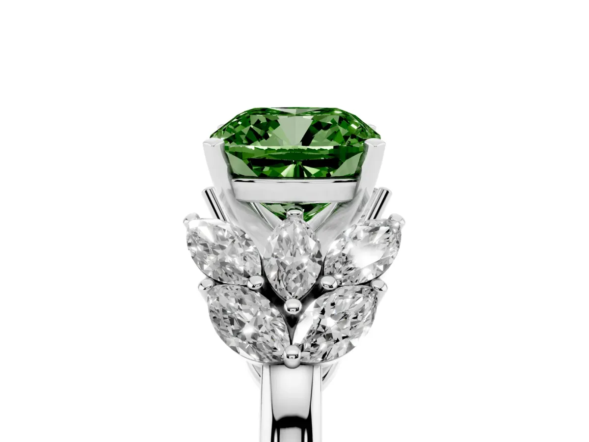 Fancy Green Cushion Cut Diamond Cluster Leaf Design Ring with Prong Setting Platinum