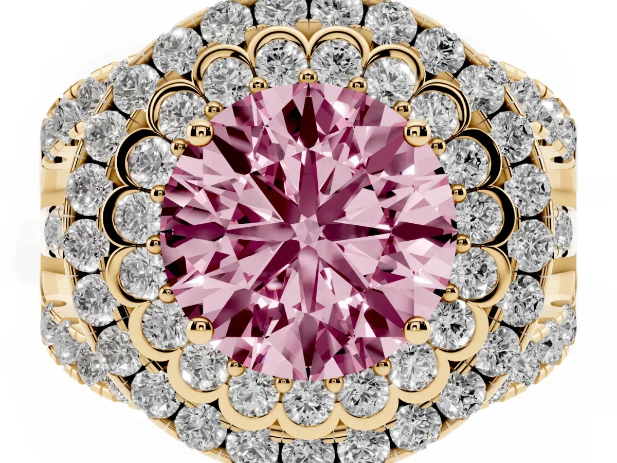 Fancy Pink Round Cut Diamond Double Halo Ring with Round Pavé Split Shank and Prong Setting Yellow gold