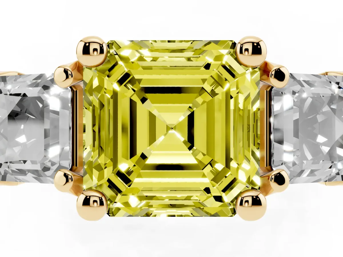 Fancy Yellow Asscher Cut Diamond Three-Stone Ring with Channel Set Band and Four-Prong Setting Yellow gold