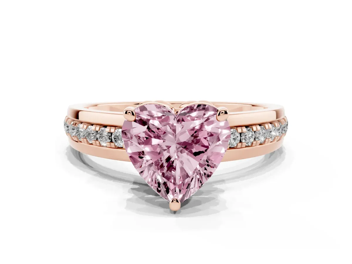Fancy Pink Heart Cut Solitaire Diamond Ring with Channel Set Band and Six-Prong Setting Rose gold