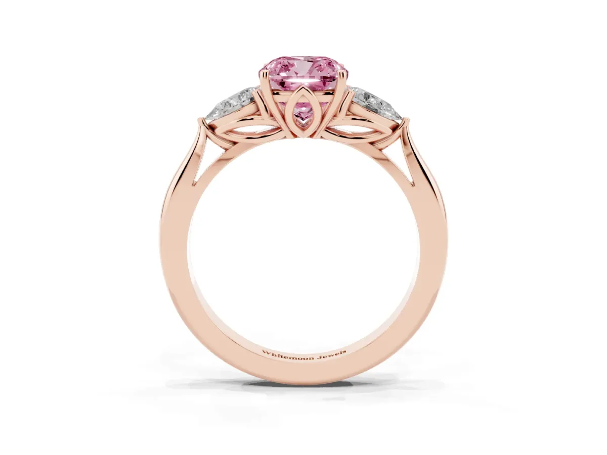 Fancy Pink Three-Stone Cushion Cut Brilliant Diamond Solitaire Ring with Tapered Band and Four-Prong Setting Rose gold