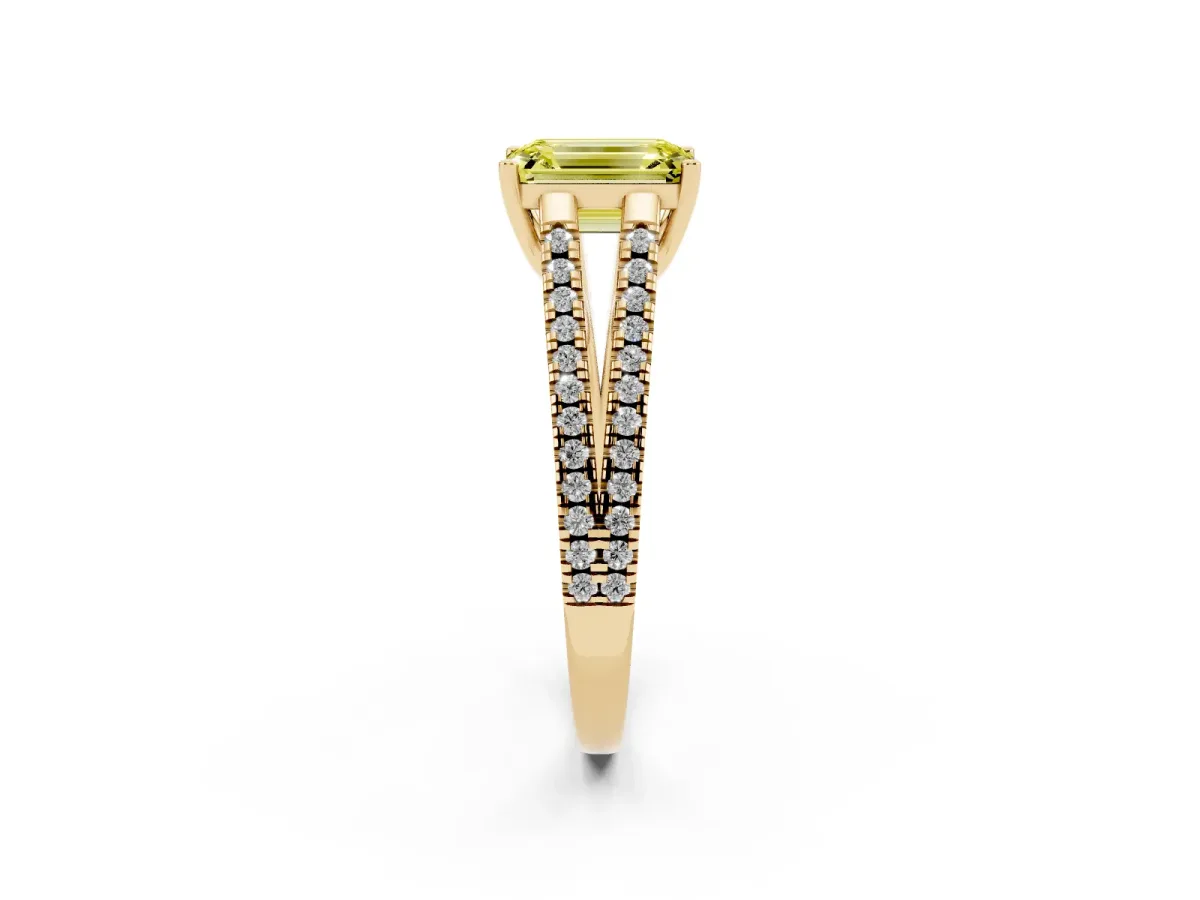 Fancy Yellow Emerald Cut Diamond Solitaire Engagement Ring with Split Shank Pavé Band Yellow gold