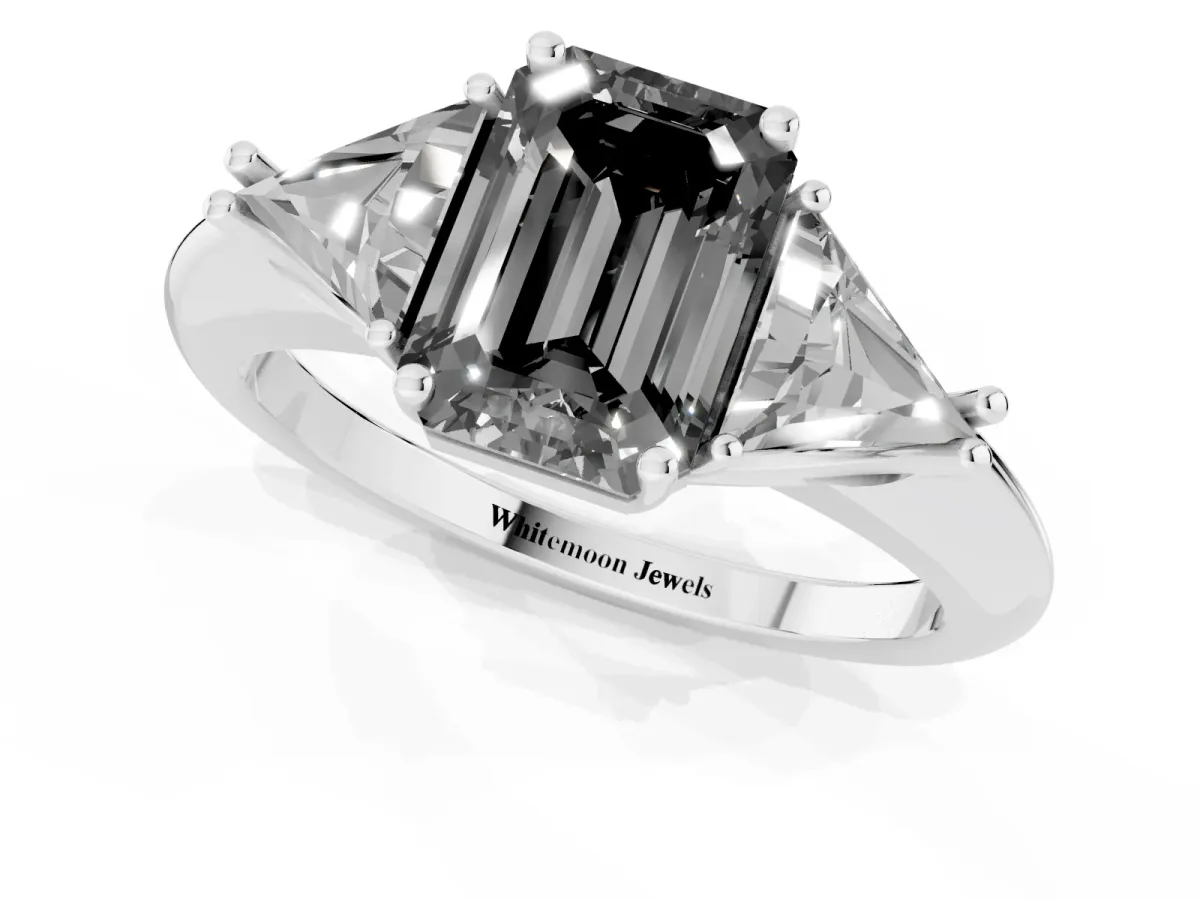 Fancy Black Three-Stone Emerald Cut Diamond Engagement Ring with Trillion Side Stones and Prong Setting Silver