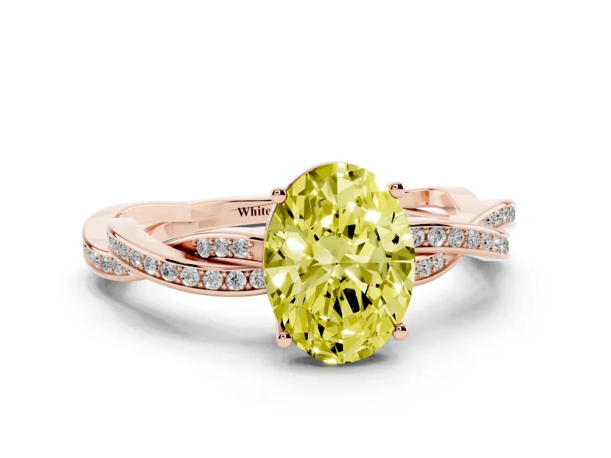 Fancy Yellow Oval Cut Solitaire Twisted Pave Diamond Ring with Four-Prong Setting Rose gold