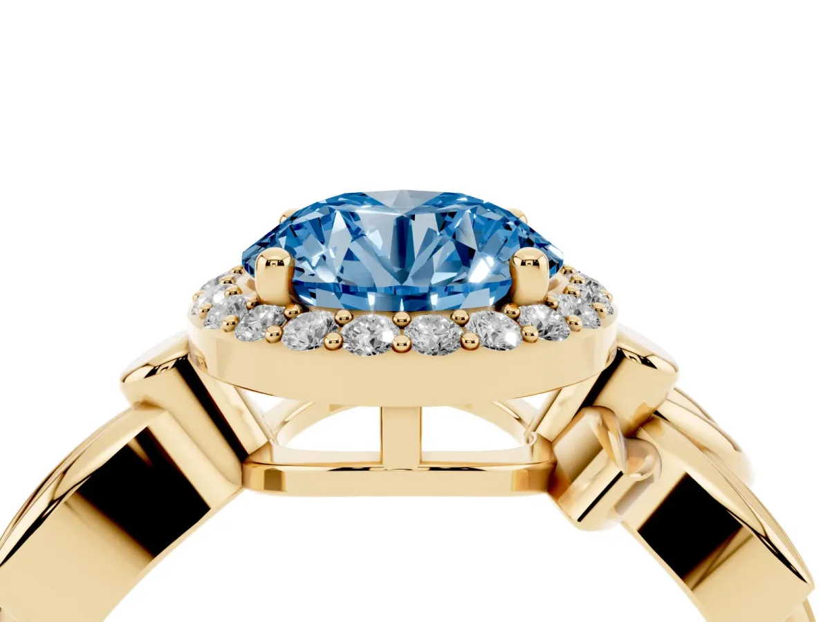 Fancy Blue Round Cut Halo Diamond Floral Band with Four-Prong Setting Yellow gold