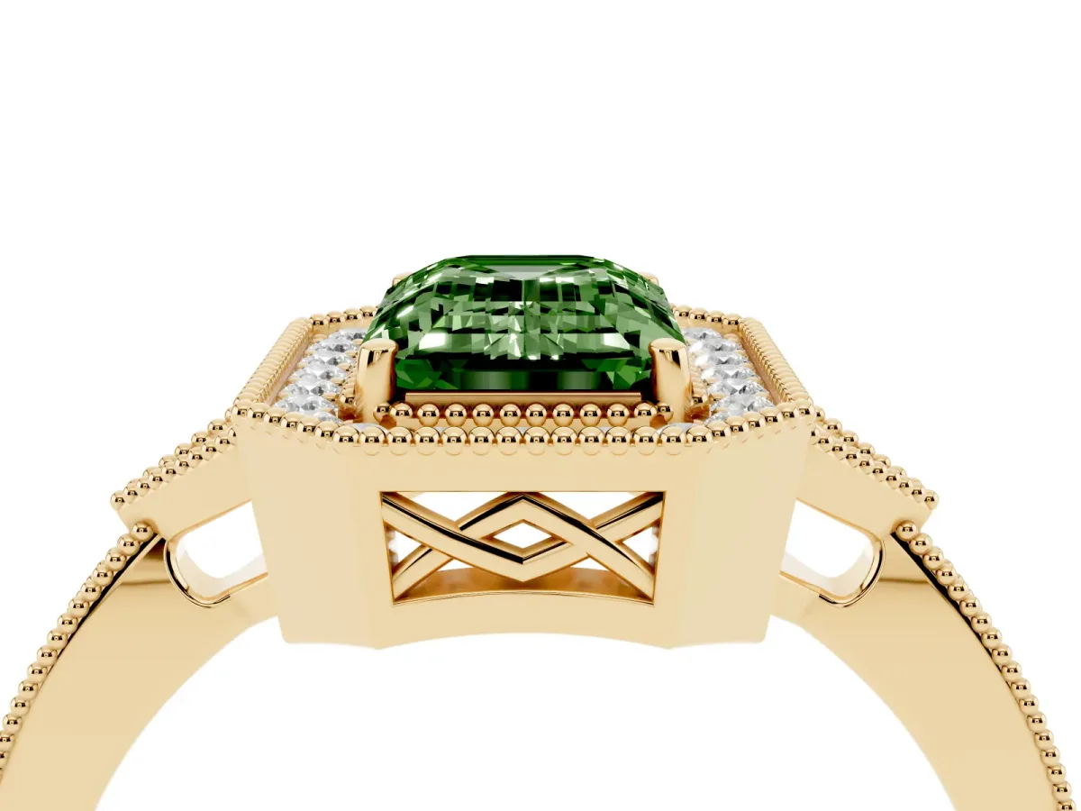 Fancy Green Emerald Cut Halo Round Diamond Milgrain Pave Engagement Ring Yellow gold