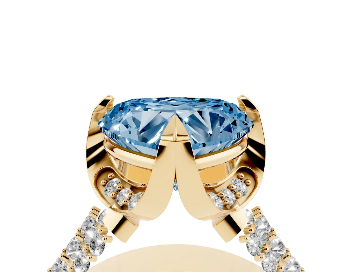 Fancy Blue Heart Cut Solitaire Pave Split Shank Ring with Four-Prong Setting Yellow gold