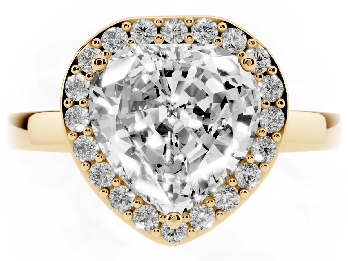 Heart Cut Halo Diamond Ring with Solitaire Band and Prong Setting Yellow gold