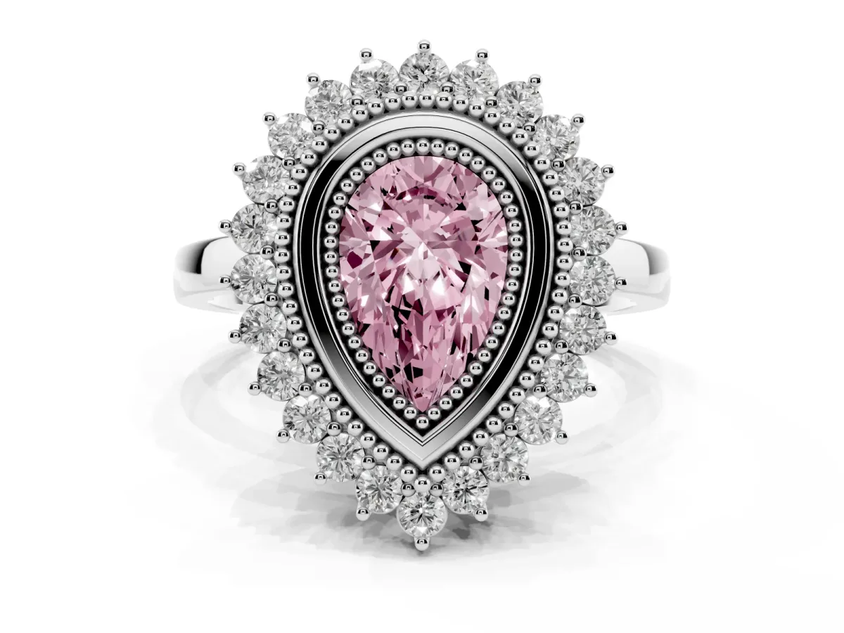 Fancy Pink Pear Cut Halo Diamond Ring with Milgrain Edge and Round Prong Setting Silver